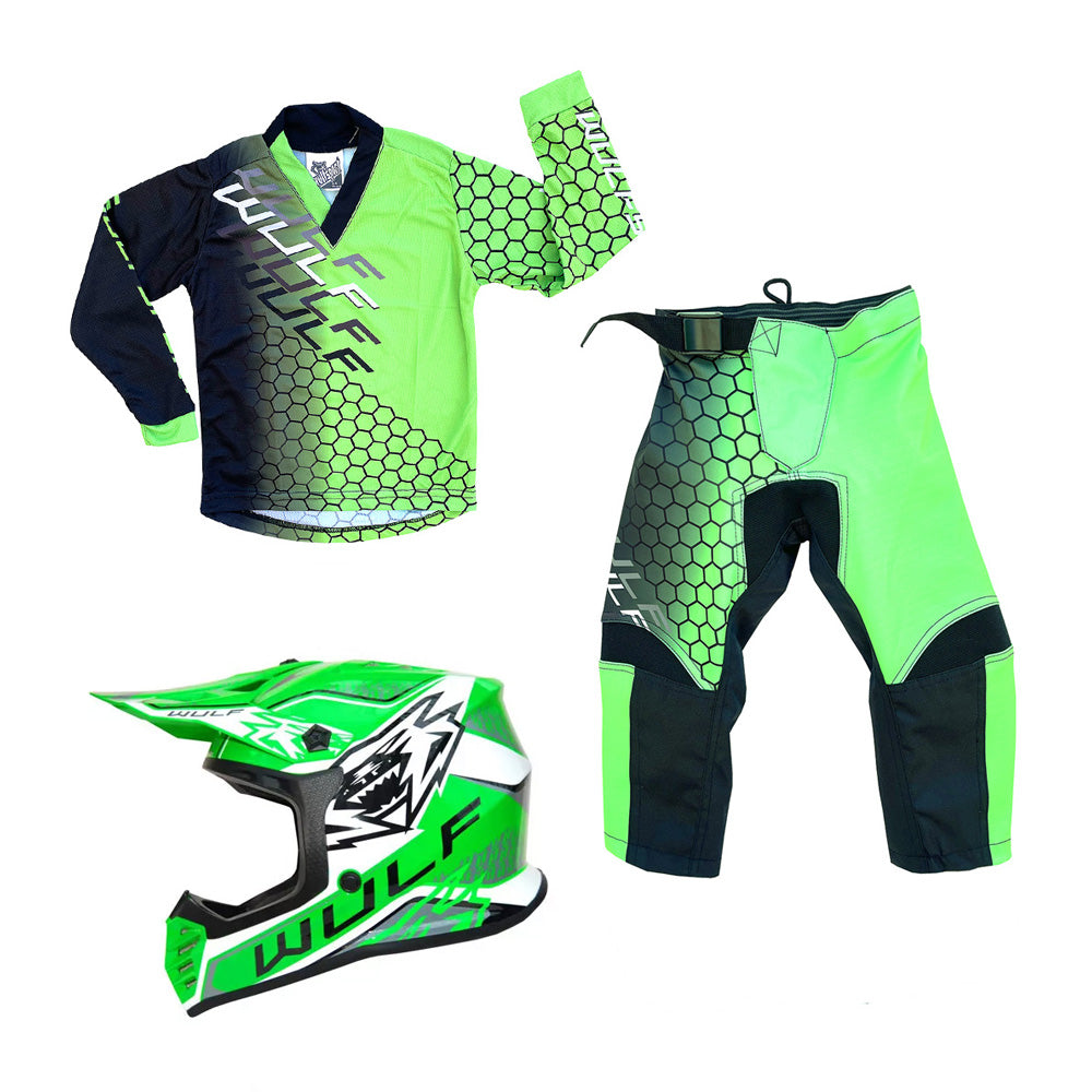 Kids MX Wulfsport 2025 CONNECT Motocross Shirt, Trouser & Helmet Green Set #3