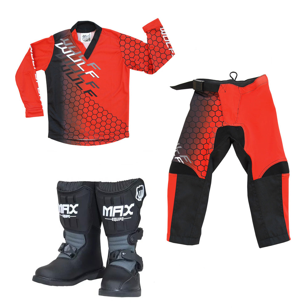 Kids MX Wulfsport 2025 CONNECT Motocross Shirt Pant Boots Red Set #M4