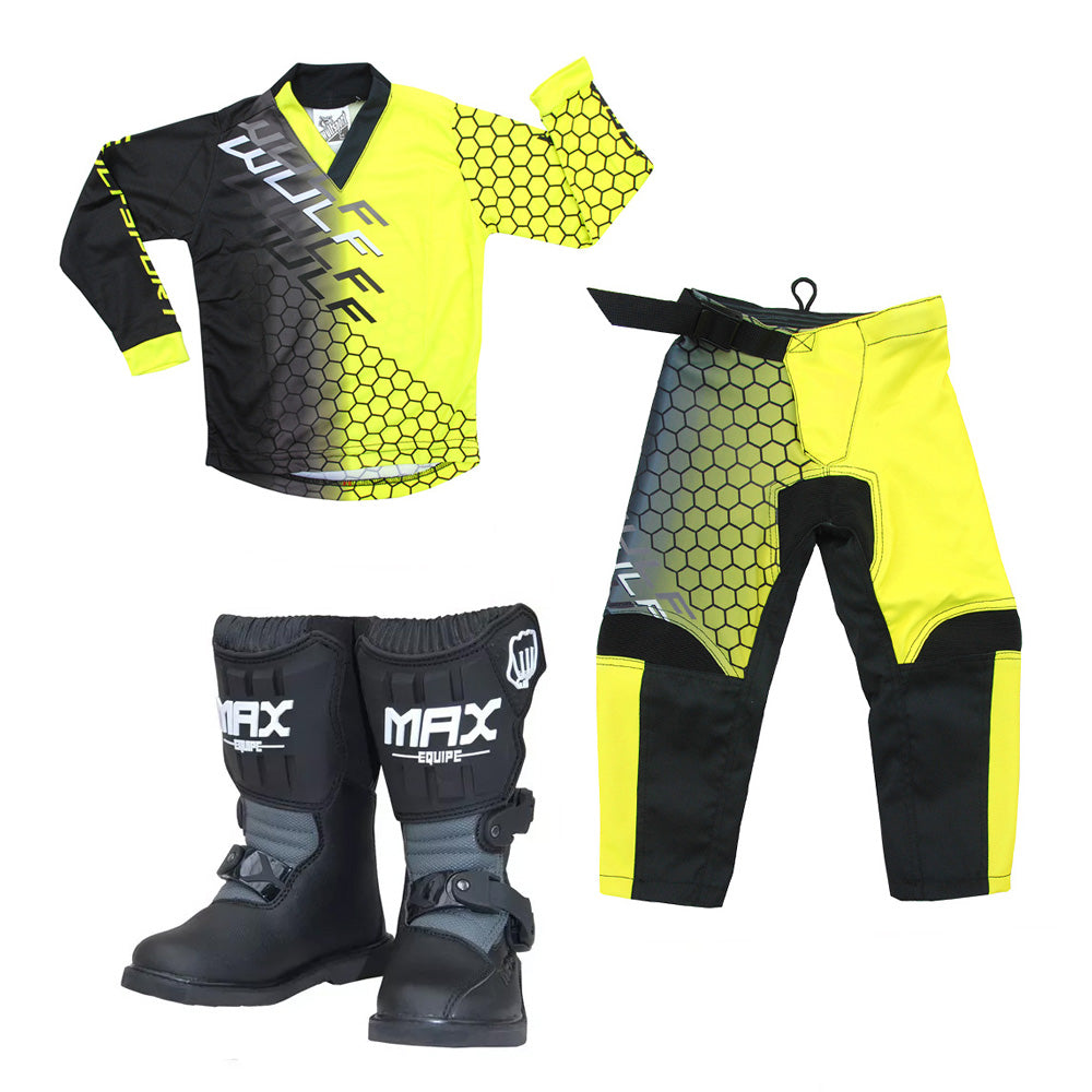 Kids MX Wulfsport 2025 CONNECT Motocross Shirt Pant Boots Yellow Set #M4