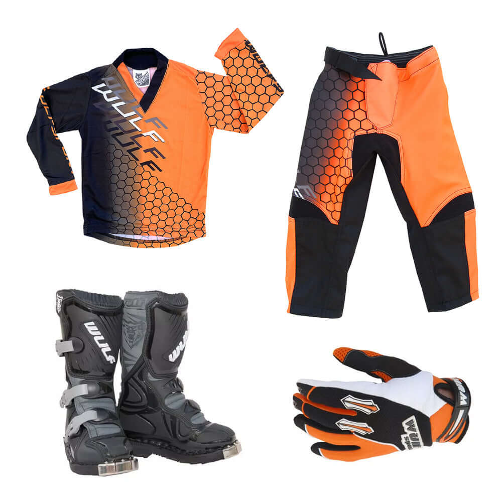 Kids MX Wulfsport 2025 CONNECT Motocross Shirt Pant, Gloves & Boots Orange Set #8