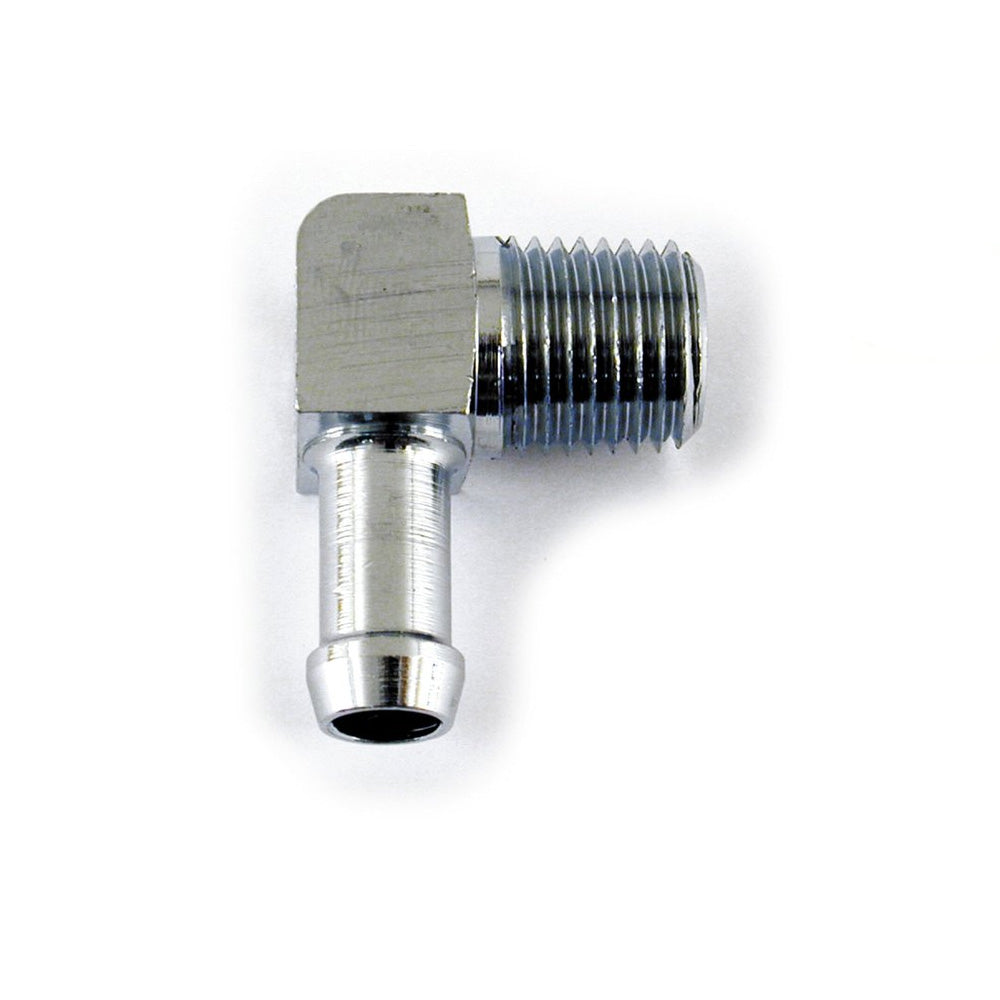 Harley Davidson Oil Hose Line Fitting, 90 Degrees. 1/4" NPT to 5/16". Chrome BC43959