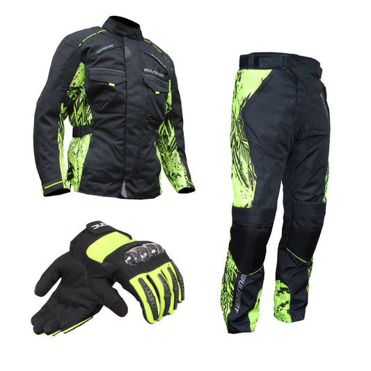Wulfsport & Duchinni Kids Textile Motorcycle Jacket, Trouser & Glove Black / Yellow Bundle #2