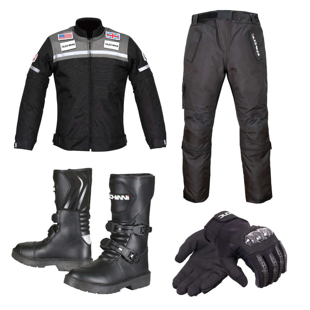 Duchinni Kids Textile Motorcycle Grid Jacket, Trouser, Boots & Gloves Bundle Grey #S3