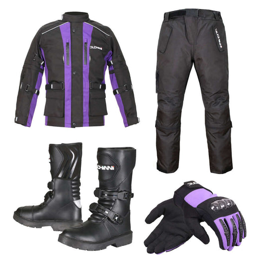 Duchinni Kids Textile Motorcycle Jago Jacket, Trouser, Boots & Gloves Bundle Purple #S3