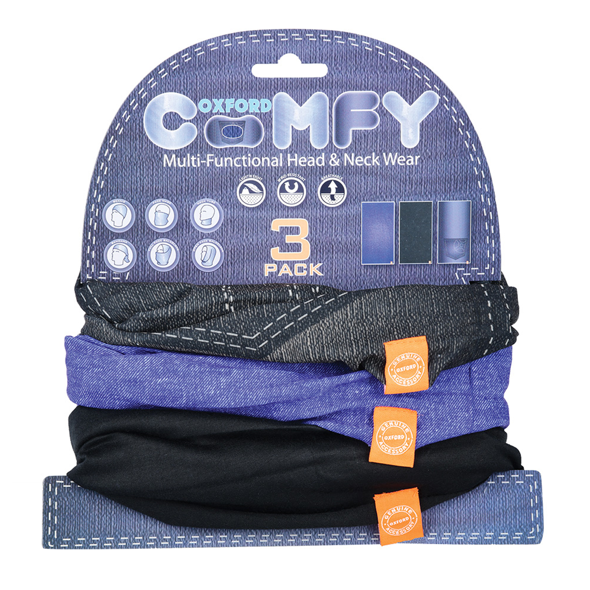 Oxford Comfy Jeans 3 Pack Neck Scarf Warmer Tube Bandana Balaclava NW125