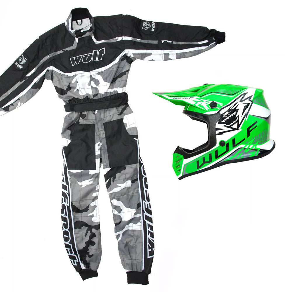 WULFSPORT JUNIOR KIDS CAMO KART SUIT Motocross Quad Sport Racing Overall Jump Suit - Blue - Junior (S) 5-6 Yrs