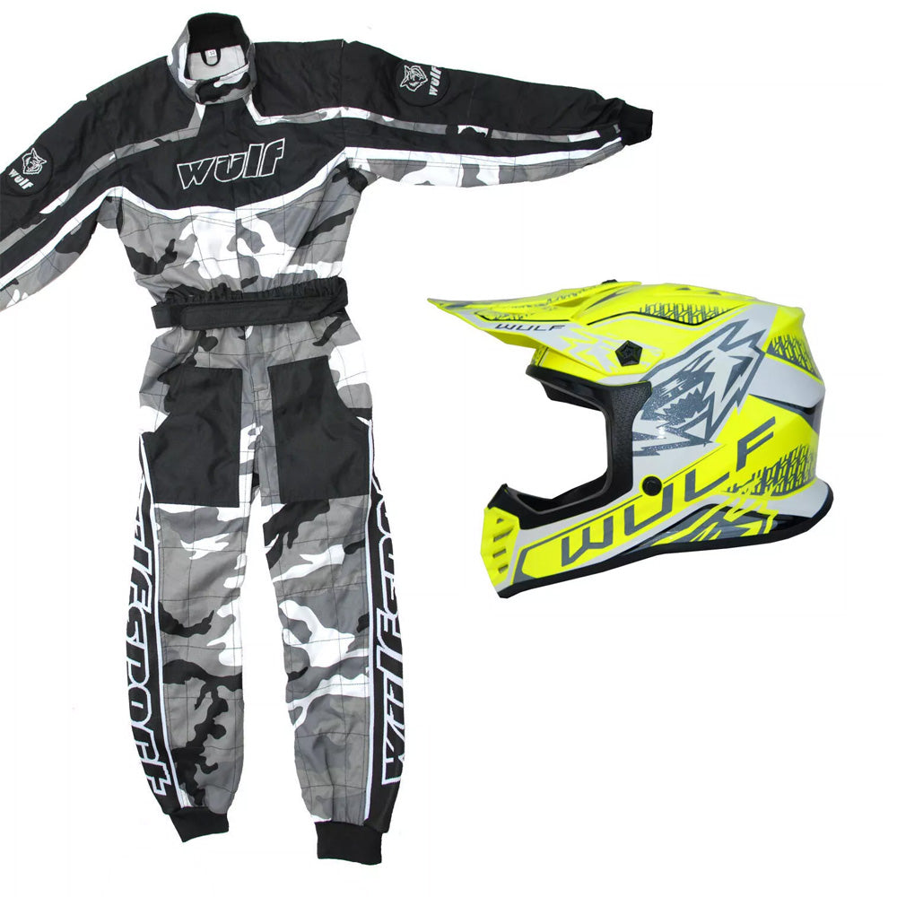 Kids Wulfsport MX Quad Motocross Overall & Helmet Yellow Camo Set #O2