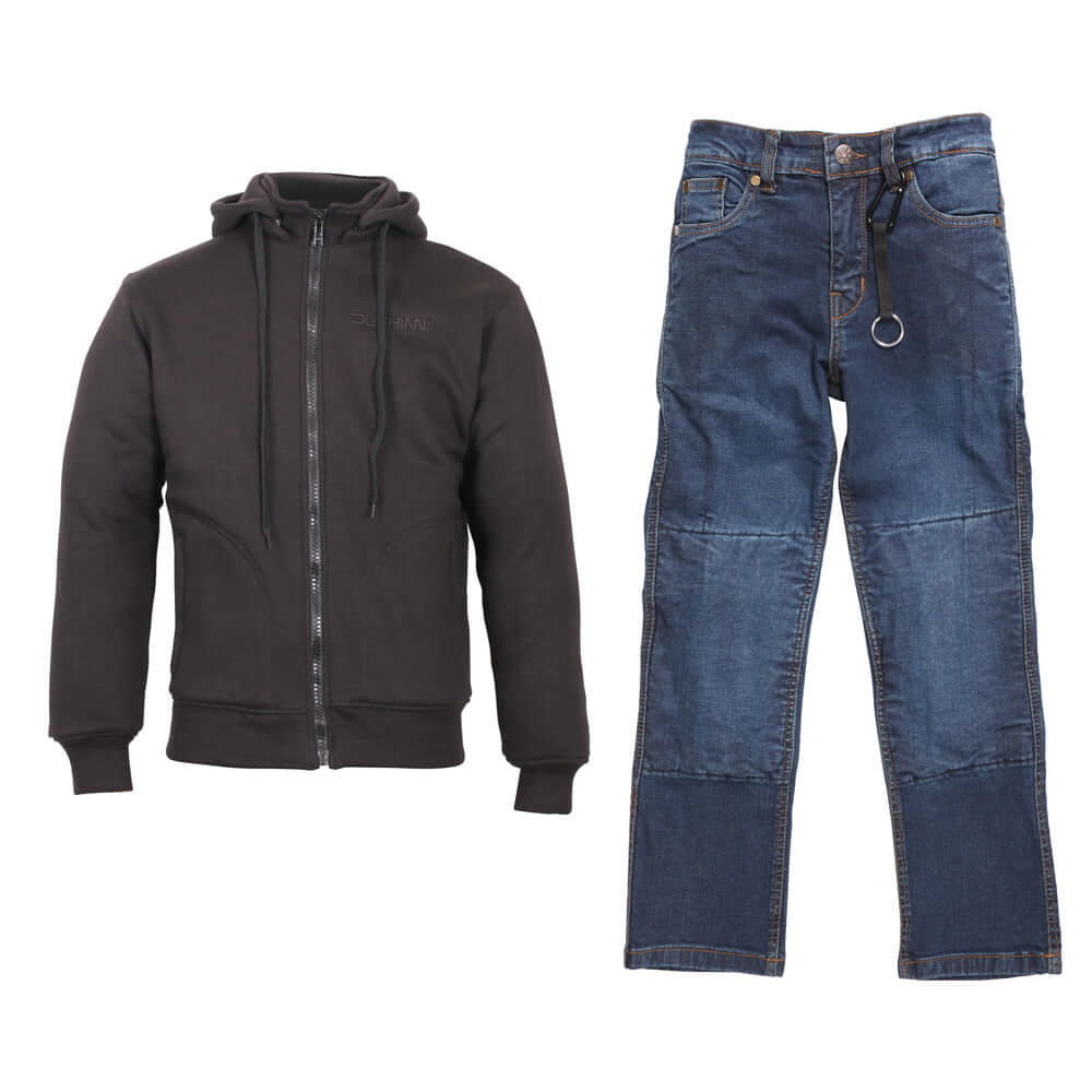 Duchinni Kids Textile Motorcycle Stealth Hoodie & Tundra Jean Trousers Bundle Kit