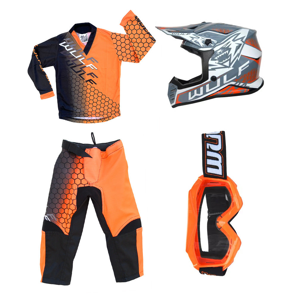 Kids MX Wulfsport 2025 CONNECT Motocross Shirt, Trouser, Goggle & Helmet Orange Set #5