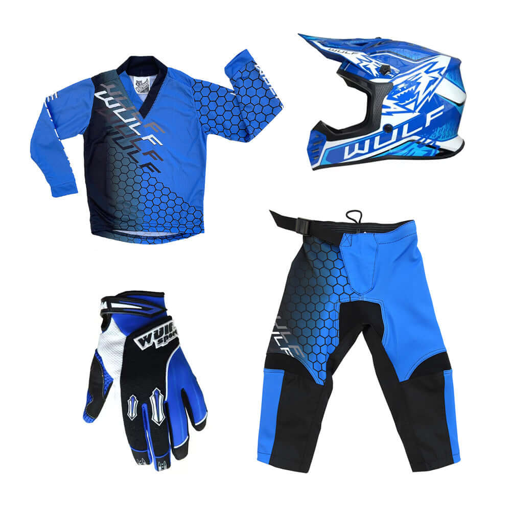 Kids MX Wulfsport 2025 CONNECT Motocross Shirt, Trouser, Glove & Helmet Blue Set #6