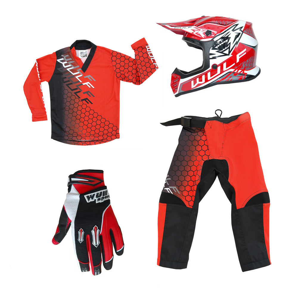 Kids MX Wulfsport 2025 CONNECT Motocross Shirt, Trouser, Glove & Helmet Red Set #6