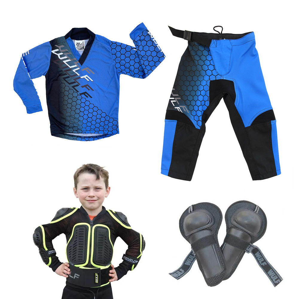 Kids MX Wulfsport 2025 CONNECT Motocross Shirt, Pant, Armour Blue Set #10