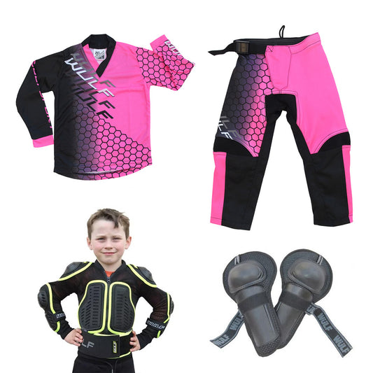 Kids MX Wulfsport 2025 CONNECT Motocross Shirt, Pant, Armour Pink Set #10