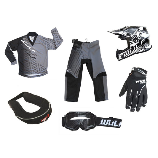 Kids MX Wulfsport 2025 CONNECT Motocross Shirt, Pant, Helmet, Gloves, Goggle & Neck Brace Black Set #11
