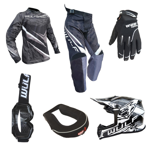 Kids MX Wulfsport 2026 WARHAMMER Motocross Shirt, Pant, Helmet, Gloves, Goggle & Neck Brace Black Set #11