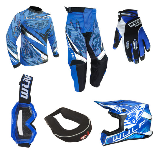 Kids MX Wulfsport 2026 WARHAMMER Shirt, Pant, Helmet, Gloves, Goggle & Neck Brace Blue Set #11