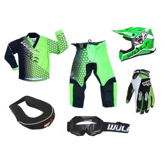 Kids MX Wulfsport 2025 CONNECT Shirt, Pant, Helmet, Gloves, Goggle & Neck Brace Green Set #11