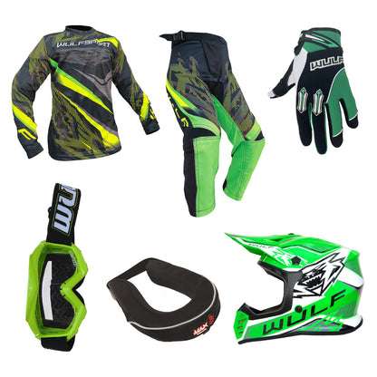 Kids MX Wulfsport 2026 WARHAMMER Shirt, Pant, Helmet, Gloves, Goggle & Neck Brace Green Set #11