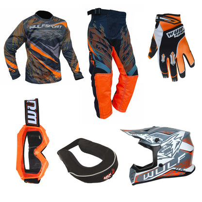 Kids MX Wulfsport 2026 WARHAMMER Shirt, Pant, Helmet, Gloves, Goggle & Neck Brace Orange Set #11