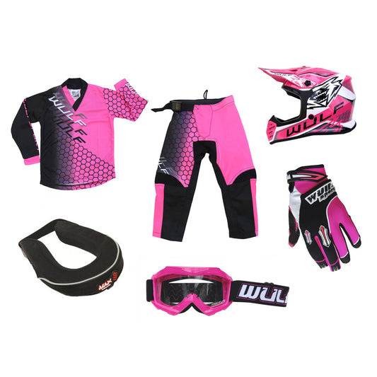 Kids MX Wulfsport 2025 CONNECT Shirt, Pant, Helmet, Gloves, Goggle & Neck Brace Pink Set #11