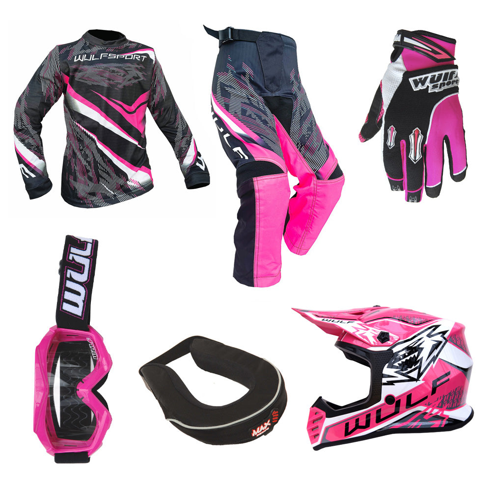 Kids MX Wulfsport 2026 WARHAMMER Shirt, Pant, Helmet, Gloves, Goggle & Neck Brace Pink Set #11