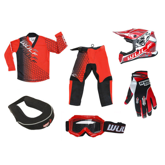 Kids MX Wulfsport 2025 CONNECT Shirt, Pant, Helmet, Gloves, Goggle & Neck Brace Red Set #11