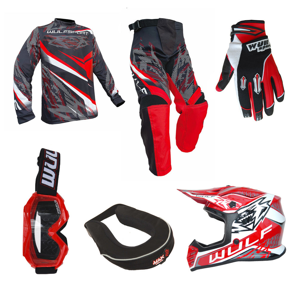 Kids MX Wulfsport 2026 WARHAMMER Shirt, Pant, Helmet, Gloves, Goggle & Neck Brace Red Set #11