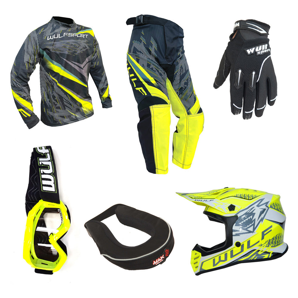 Kids MX Wulfsport 2026 WARHAMMER Shirt, Pant, Helmet, Gloves, Goggle & Neck Brace Yellow #11