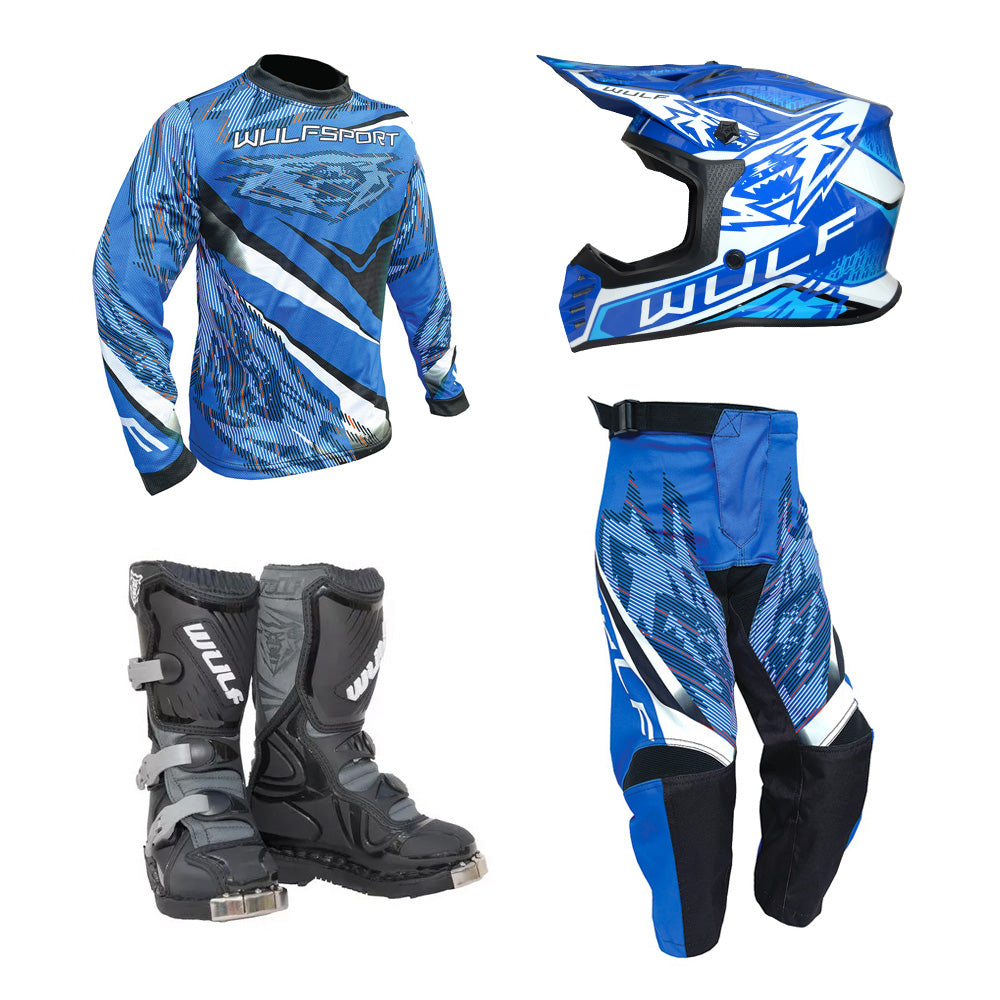 Kids MX Wulfsport 2026 WARHAMMER Motocross Shirt, Pant, Helmet & Boot Set Blue #13