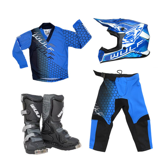 Kids MX Wulfsport 2025 CONNECT Motocross Shirt, Pant, Helmet & Boot Set Blue #13