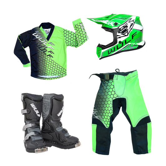 Kids MX Wulfsport 2025 CONNECT Motocross Shirt, Pant, Helmet & Boot Set Green #13