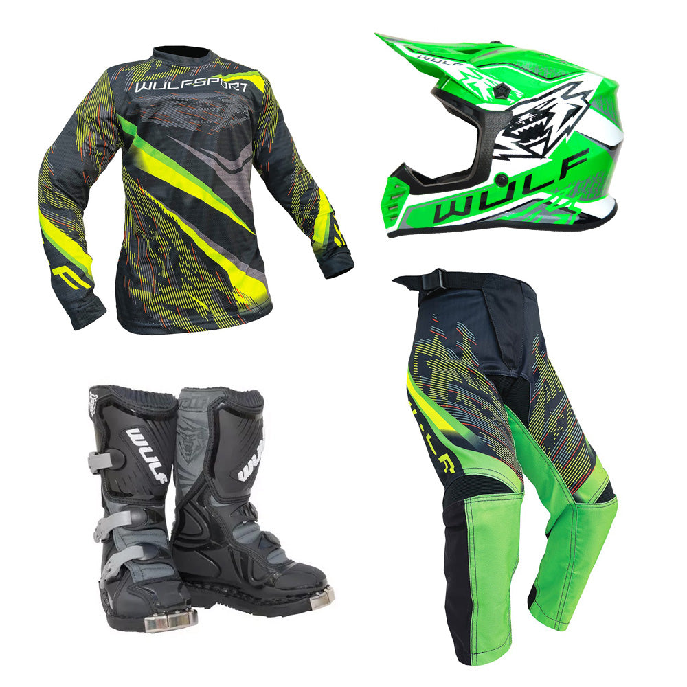 Kids MX Wulfsport 2026 WARHAMMER Motocross Shirt, Pant, Helmet & Boot Set Green #13