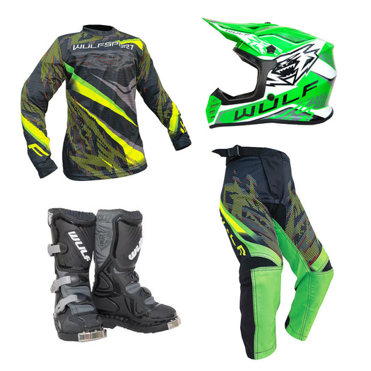 Kids MX Wulfsport 2026 WARHAMMER Motocross Shirt, Pant, Helmet & Boot Set Green #13