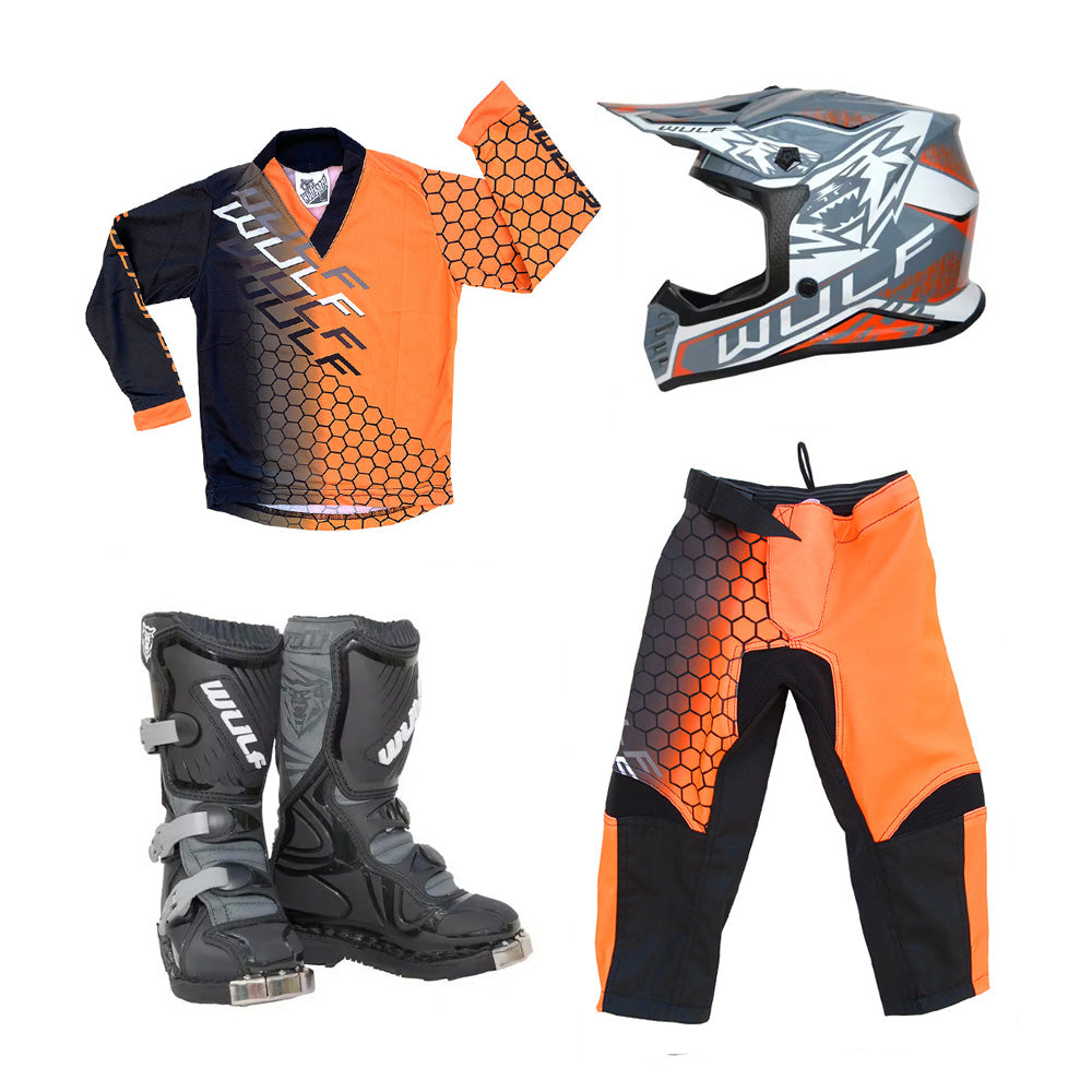 Kids MX Wulfsport 2025 CONNECT Motocross Shirt, Pant, Helmet & Boot Set Orange #13