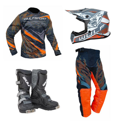 Kids MX Wulfsport 2026 WARHAMMER Motocross Shirt, Pant, Helmet & Boot Set Orange #13