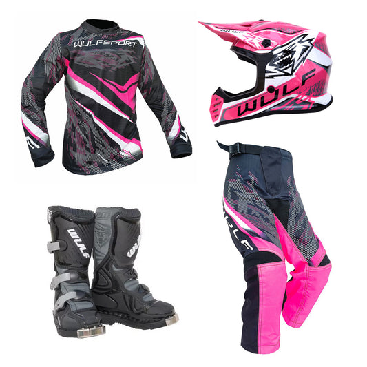 Kids MX Wulfsport 2026 WARHAMMER Motocross Shirt, Pant, Helmet & Boot Set Pink #13