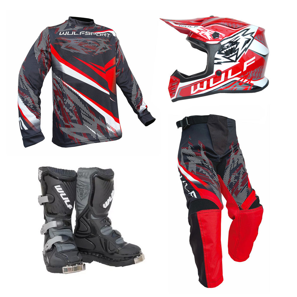 Kids MX Wulfsport 2026 WARHAMMER Motocross Shirt, Pant, Helmet & Boot Set Red #13