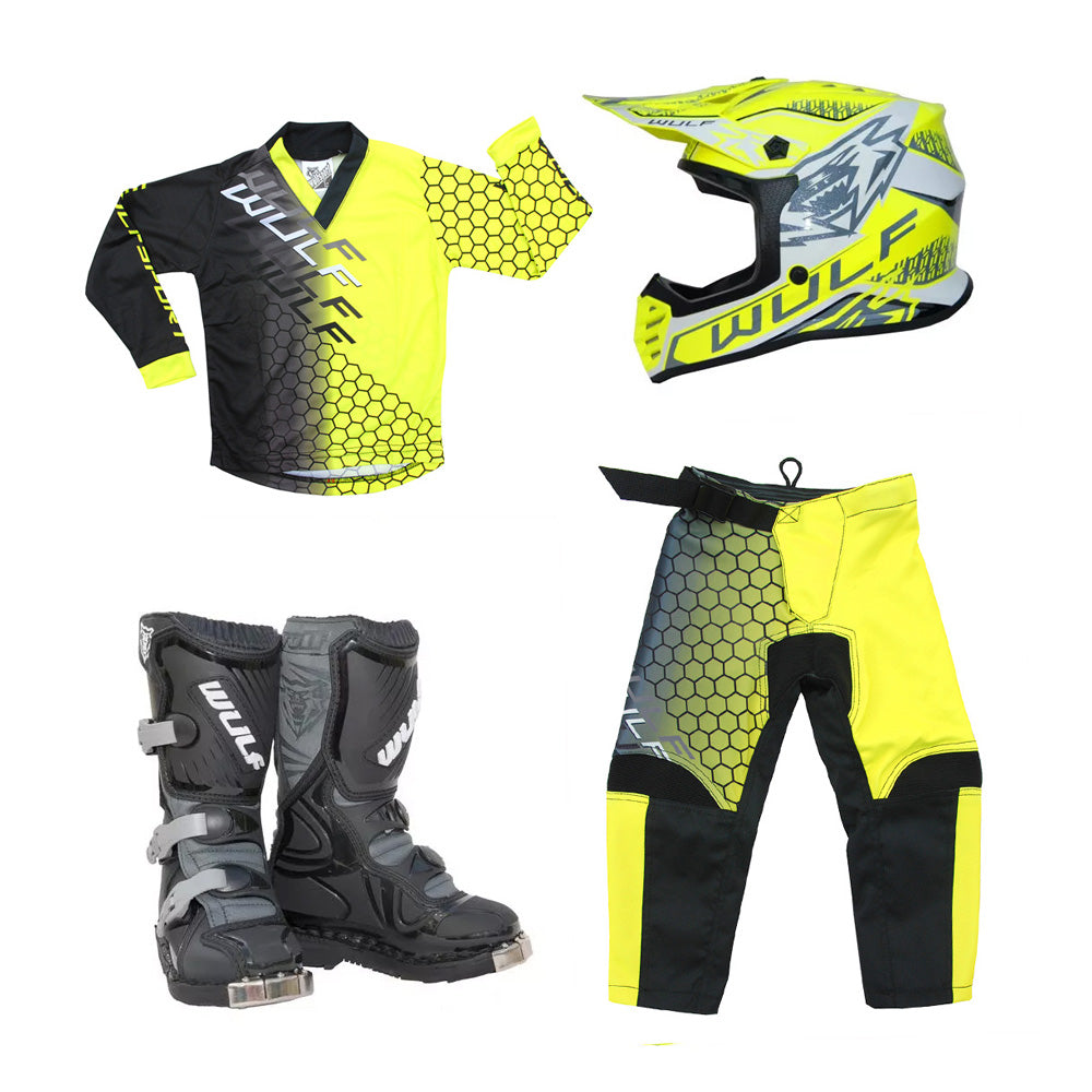 Kids MX Wulfsport 2025 CONNECT Motocross Shirt, Pant, Helmet & Boot Set Yellow #13