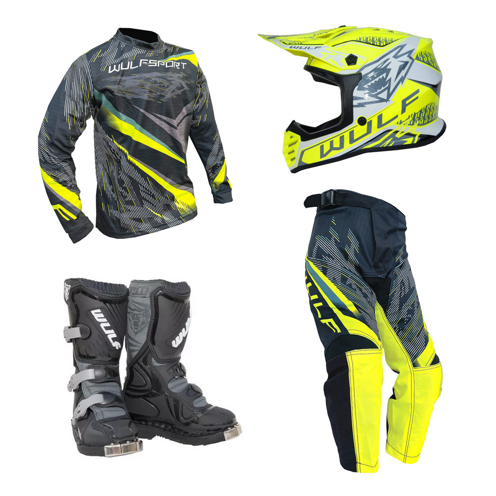Kids MX Wulfsport 2026 WARHAMMER Motocross Shirt, Pant, Helmet & Boot Set Yellow #13