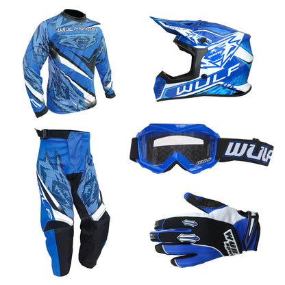 Kids MX Wulfsport 2026 WARHAMMER Shirt, Pant, Helmet, Gloves & Goggle Blue Set #14