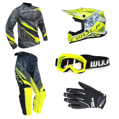 Kids MX Wulfsport 2026 WARHAMMER Shirt, Pant, Helmet, Gloves & Goggle Yellow Set #14