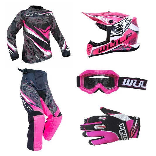 Kids MX Wulfsport 2026 WARHAMMER Shirt, Pant, Helmet, Gloves & Goggle Pink Set #14