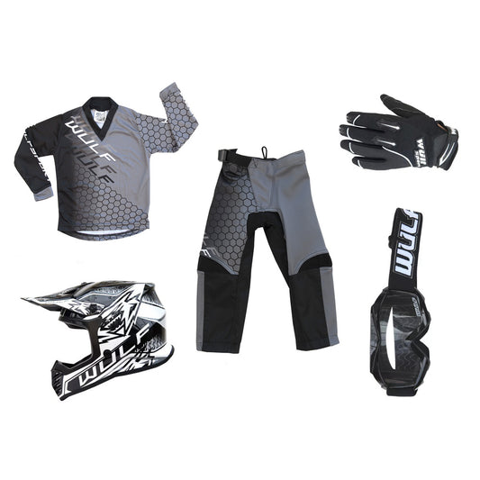 Kids MX Wulfsport 2025 CONNECT Shirt, Pant, Helmet, Gloves & Goggle Black Set #14
