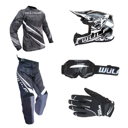 Kids MX Wulfsport 2026 WARHAMMER Shirt, Pant, Helmet, Gloves & Goggle Black Set #14