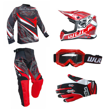 Kids MX Wulfsport 2026 WARHAMMER Shirt, Pant, Helmet, Gloves & Goggle Red Set #14