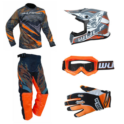 Kids MX Wulfsport 2026 WARHAMMER Shirt, Pant, Helmet, Gloves & Goggle Orange Set #14