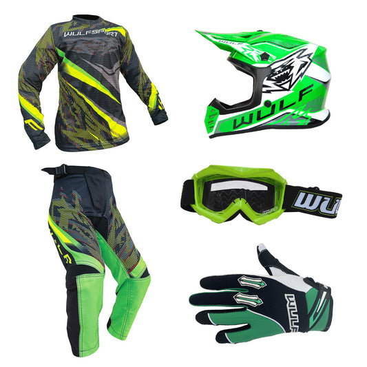 Kids MX Wulfsport 2026 WARHAMMER Shirt, Pant, Helmet, Gloves & Goggle Green Set #14