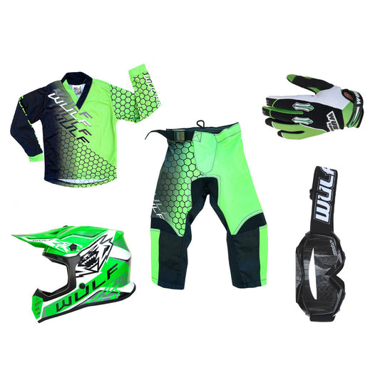 Kids MX Wulfsport 2025 CONNECT Shirt, Pant, Helmet, Gloves & Goggle Green Set #14