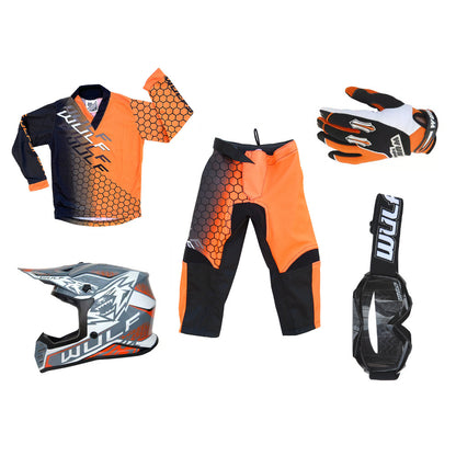 Kids MX Wulfsport 2025 CONNECT Shirt, Pant, Helmet, Gloves & Goggle Orange Set #14