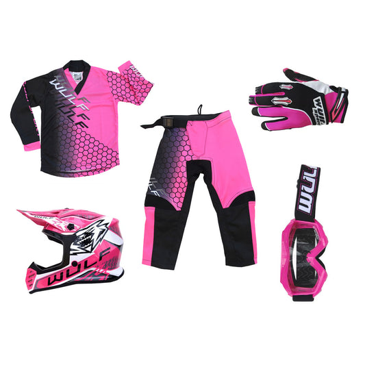 Kids MX Wulfsport 2025 CONNECT Shirt, Pant, Helmet, Gloves & Goggle Pink Set #14